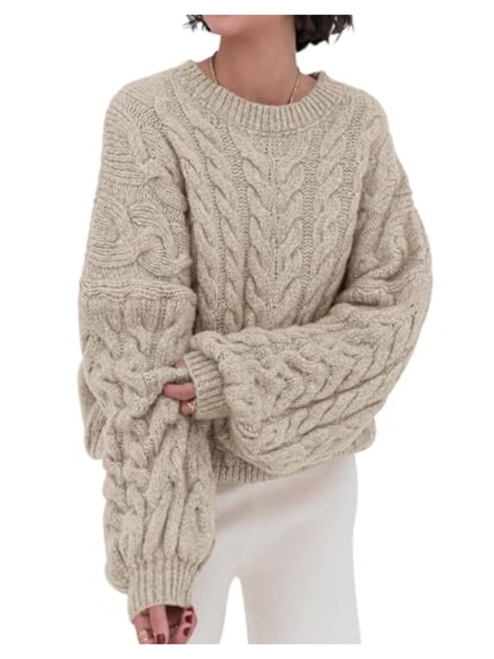 Womens Cable Knit Long Sleeve Crewneck Oversized Chunky Pullover Sweater
